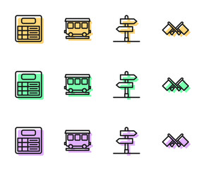 Set line Road traffic sign, Train station board, Passenger train cars and Flag icon. Vector