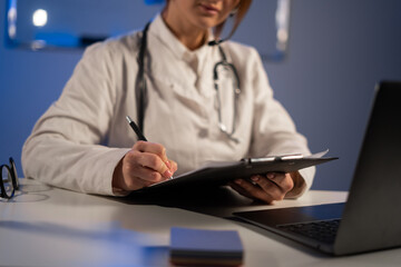 Doctor consult patient make online webcam video call on laptop. Telemedicine videoconference remote computer app virtual meeting.