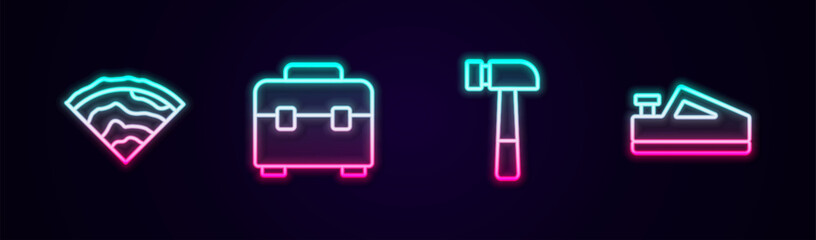 Set line Wooden beam, Toolbox, Hammer and plane tool. Glowing neon icon. Vector