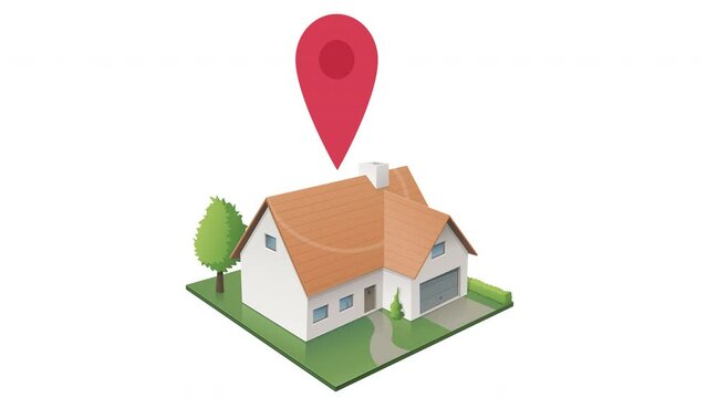 Animation loop of a red map location marker hopping on the roof of a residential house in the middle of its garden isolated on a white background