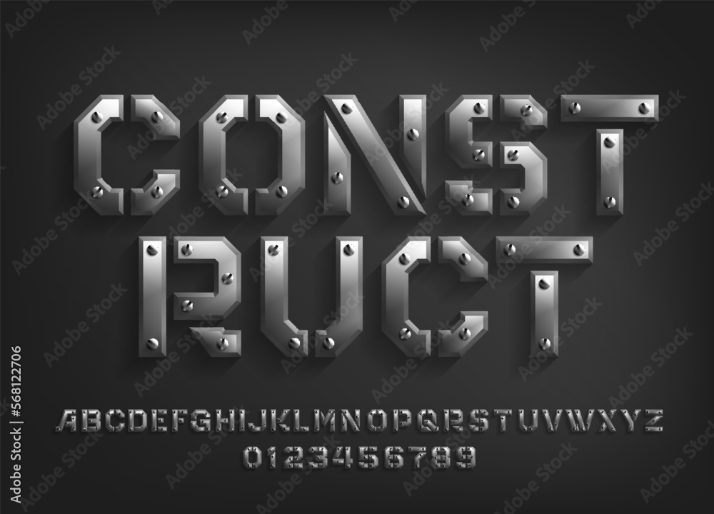 Fototapete construct alphabet font. metal letters and numbers with screws. stock vector typeface for your typog