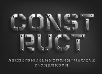 Construct alphabet font. Metal letters and numbers with screws. Stock vector typeface for your typography design.