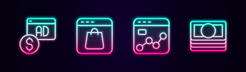 Set line Advertising, Online shopping on screen, Market analysis and Stacks paper money cash. Glowing neon icon. Vector