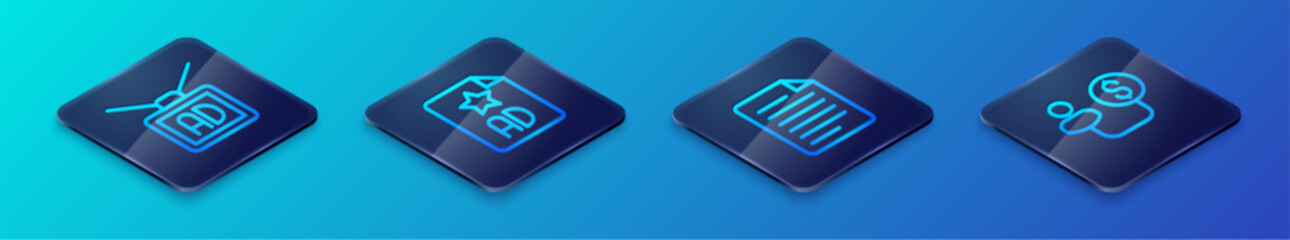 Set Isometric line File document, Advertising, Human and money and icon. Vector