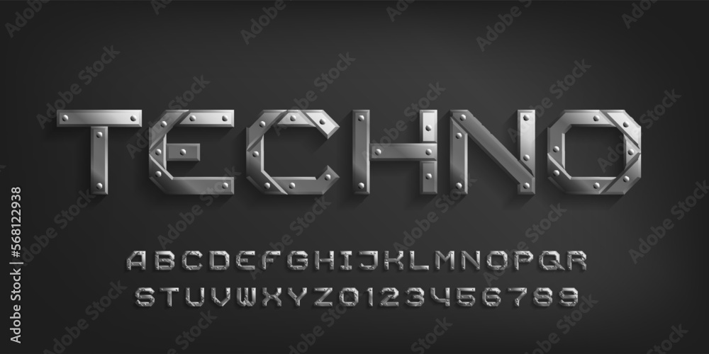 Fototapete techno alphabet font. metal letters and numbers with rivets. stock vector typeface for your typograp