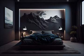 Elegant Minimalist Dark Bedroom with Feature Wall Accent