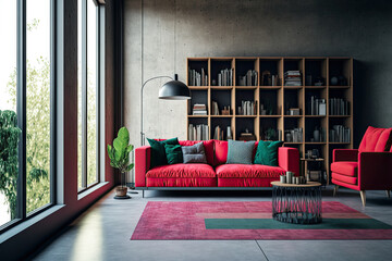 Interior of a concrete loft living room with a carpet, a red couch, and bookcases. a lateral view a mockup. Generative AI