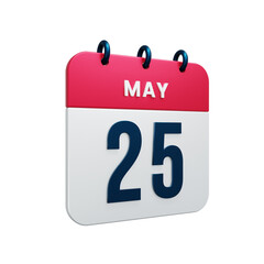 May Realistic Calendar Icon 3D Rendered Date May 25