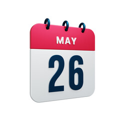 May Realistic Calendar Icon 3D Rendered Date May 26