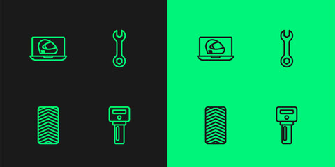 Set line Car key with remote, tire wheel, Racing helmet and Wrench spanner icon. Vector
