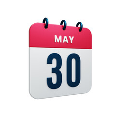 May Realistic Calendar Icon 3D Rendered Date May 30