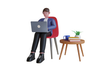 3D Illustration of Businessman working on laptop computer and drinks cofee in office. 3D illustration