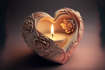 heart shaped candle in the dark, Valentines Day background with candlelight rose heart card, Generative Ai