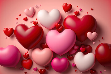 heart shaped balloons, hearts background, Valentines day background with red and pink hearts Balloons. illustration. Generative Ai