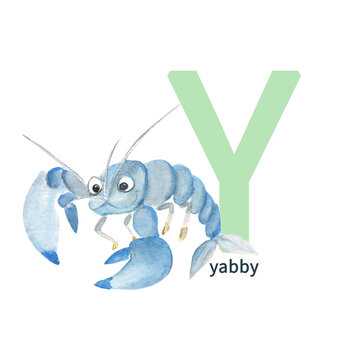 Letter Y, yabby, cute kids animal ABC alphabet. Watercolor illustration isolated on white background. Can be used for alphabet or cards for kids learning English vocabulary and handwriting.