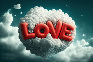 heart shaped balloons red balloons in White Balloons clustered together in blue sky, Valentine's Day illustration, Generative Ai, Ai