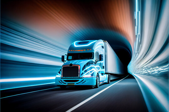 Truck bus electric car of the future rides on the road in the tunnel, eco clean environment without harmful waste, neon light at night in the tunnel, long exposure. Generative AI