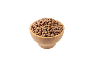 brown chickpeas in wooden bowl isolated on white background. nutrition. food ingredient.