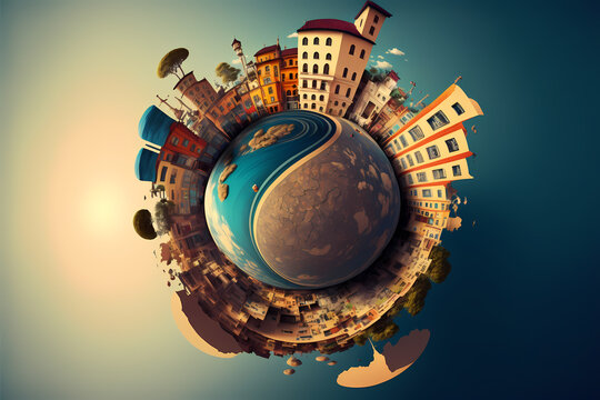 Tiny planet of a fantasy place in the earth where we see urban and nature in the same image Generative Ai