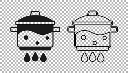 Black Cooking pot on fire icon isolated on transparent background. Boil or stew food symbol. Vector