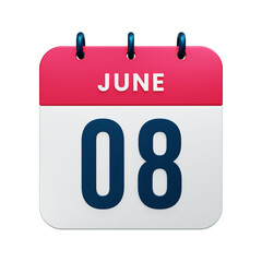 June Realistic Calendar Icon 3D Rendered Date June 08