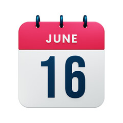 June Realistic Calendar Icon 3D Rendered Date June 16