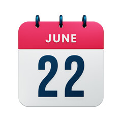 June Realistic Calendar Icon 3D Rendered Date June 22