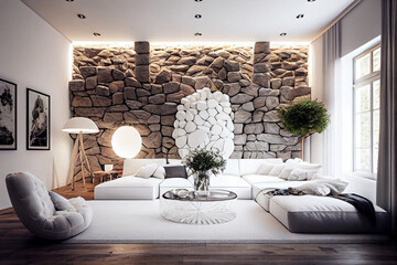 Elegant White Living Room with Natural Stone Feature Wall
