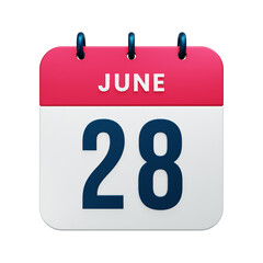 June Realistic Calendar Icon 3D Rendered Date June 28