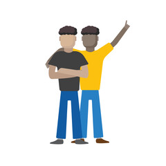 casual dressed simple cartoon male characters, twins, close friends.African Americans and Europeans are friends, standing in embrace. simple cartoon flat graphics.