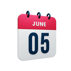 June Realistic Calendar Icon 3D Rendered Date June 05