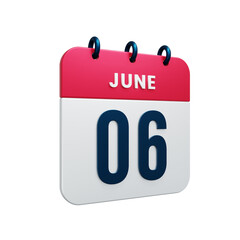 June Realistic Calendar Icon 3D Rendered Date June 06