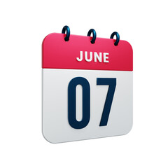 June Realistic Calendar Icon 3D Rendered Date June 07