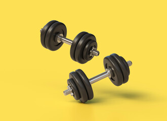 Obraz na płótnie Canvas 3d dumbbells in a realistic style. decoration for banners or posters on a sports or fitness theme. illustration on yellow background background. 3D rendering