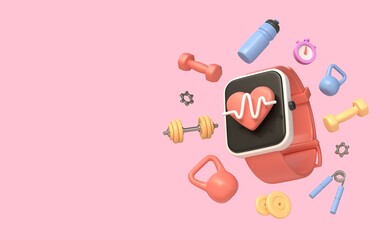 3d plastic water bottle, dumbbell, fitness bracelet or smart watch, Kettlebells, stopwatch .healthy lifestyle, sport and fitness concept. illustration isolated on pink background. 3D rendering