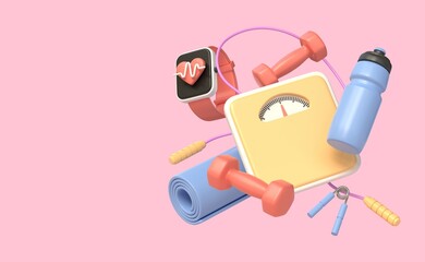 3d plastic water bottle, dumbbell, fitness bracelet or smart watch, yoga mat, floor scales. healthy lifestyle, sport and fitness concept. illustration isolated on pink background. 3D rendering