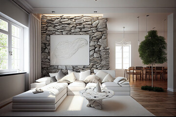 Stylish White Living Room with Textured Stone Accent Wall
