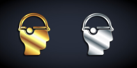 Gold and silver Baseball helmet icon isolated on black background. Long shadow style. Vector