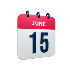 June Realistic Calendar Icon 3D Rendered Date June 15