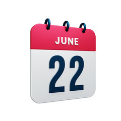June Realistic Calendar Icon 3D Rendered Date June 22