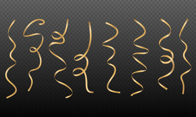Gold curly ribbon serpentine confetti. Golden streamers set on transparent background. Colorful design decoration party, holiday event, carnival, children's parties, birthday. Vector illustration.