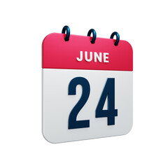 June Realistic Calendar Icon 3D Rendered Date June 24