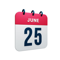 June Realistic Calendar Icon 3D Rendered Date June 25