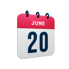 June Realistic Calendar Icon 3D Rendered Date June 20