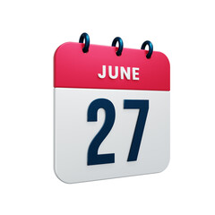 June Realistic Calendar Icon 3D Rendered Date June 27
