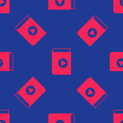 Red Audio book icon isolated seamless pattern on blue background. Play button and book. Audio guide sign. Online learning concept. Vector