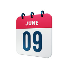 June Realistic Calendar Icon 3D Rendered Date June 09