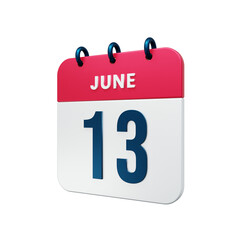 June Realistic Calendar Icon 3D Rendered Date June 13