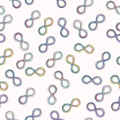 Seamless vector pattern with multicolored infinity graphics on a white background.   