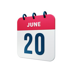 June Realistic Calendar Icon 3D Rendered Date June 20
